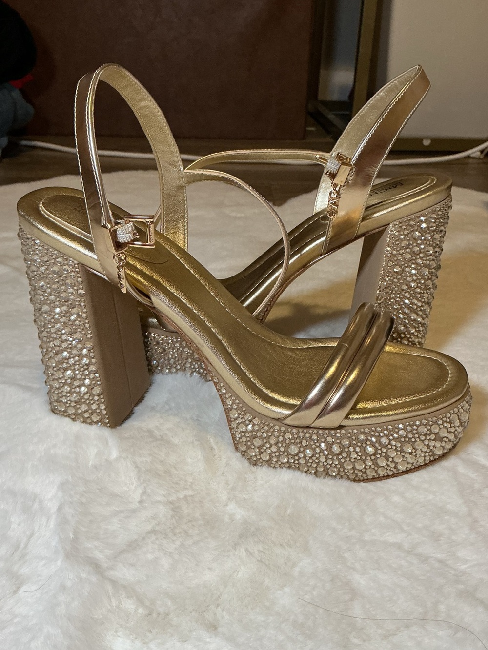 Michael Kors Gold Platform Crystal Block Heel Sandals - Women